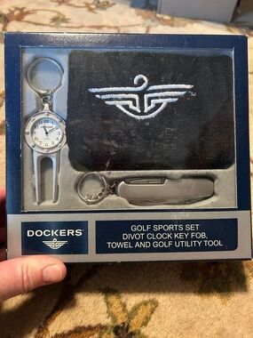 Dockers Men’s Golf Sports Set - Black Towel, Silver Divot Tool & Key Fob